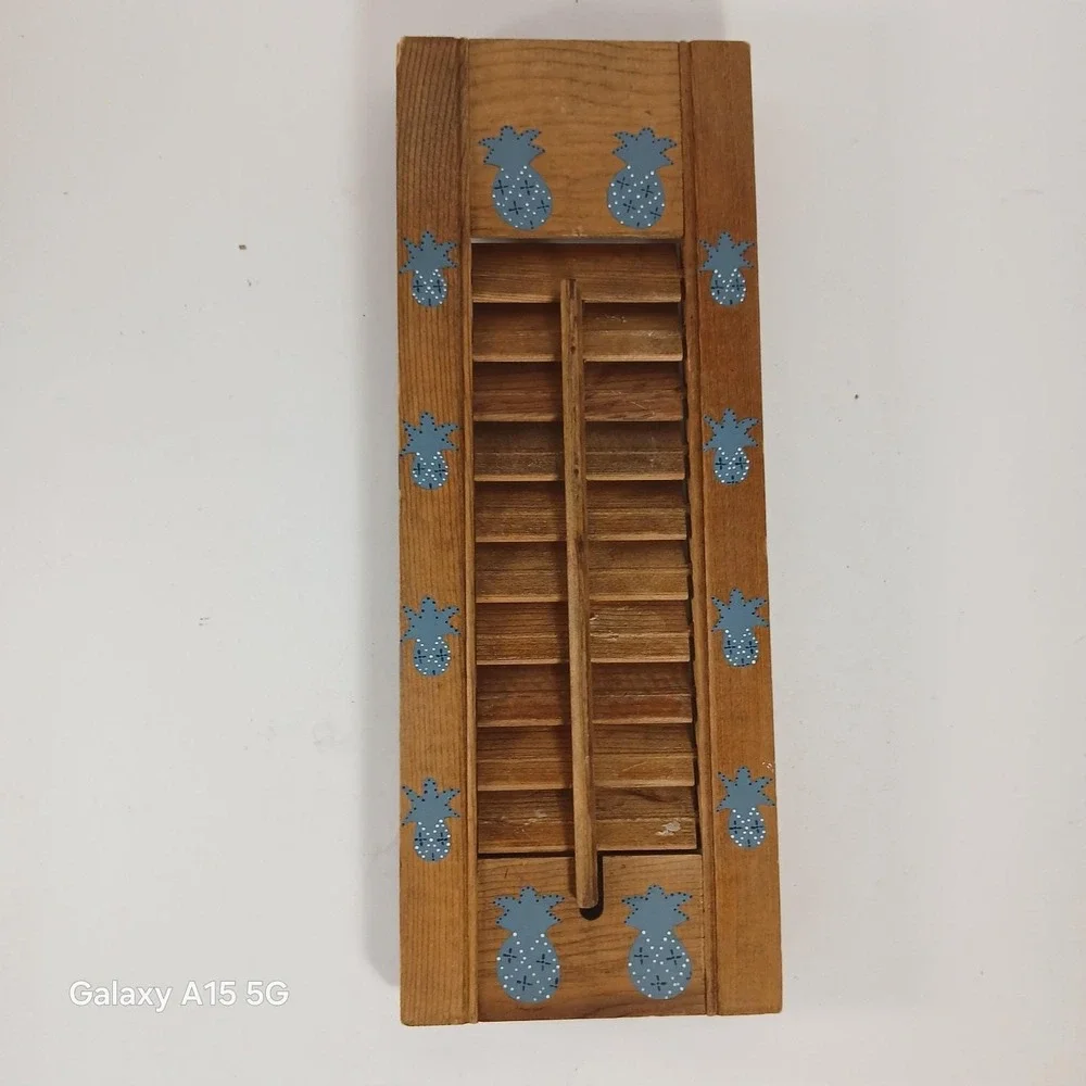 Artist Painted Wood Window Shutter Blind Vtg USA Wall Mount Panel Pineapple Blue